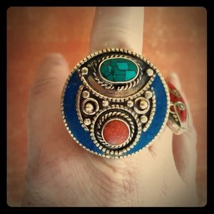 New Turquoise, Lapis Lazuli, Coral Adjustable Brass Ring.
